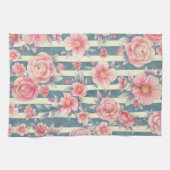 ピンクの水色の花を咲かせるストライプ花 キッチンタオル (横)