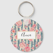 ピンクの水色の花を咲かせるストライプ花 キーホルダー (正面)