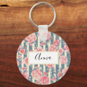 ピンクの水色の花を咲かせるストライプ花 キーホルダー (正面)