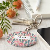 ピンクの水色の花を咲かせるストライプ花 キーホルダー (側面)