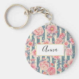 ピンクの水色の花を咲かせるストライプ花 キーホルダー