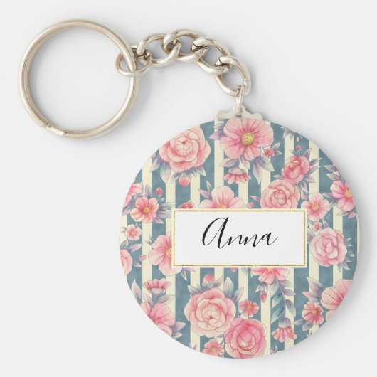 ピンクの水色の花を咲かせるストライプ花 キーホルダー (正面)
