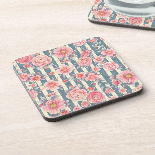 ピンクの水色の花を咲かせるストライプ花 コースター (左側)