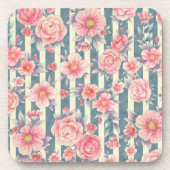 ピンクの水色の花を咲かせるストライプ花 コースター (正面)