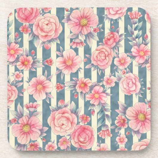 ピンクの水色の花を咲かせるストライプ花 コースター (正面)