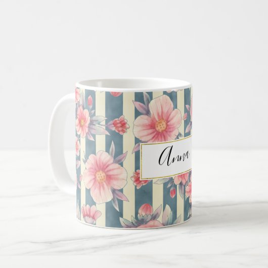 ピンクの水色の花を咲かせるストライプ花 コーヒーマグカップ (正面左)