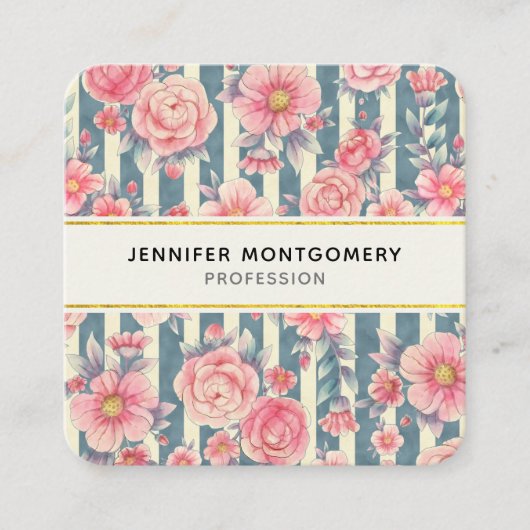 ピンクの水色の花を咲かせるストライプ花 スクエア名刺 (正面)