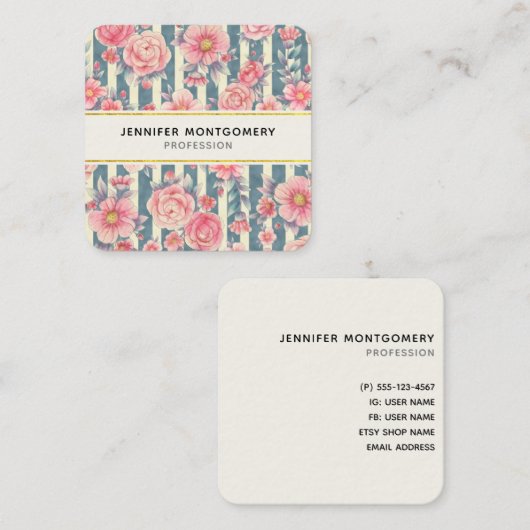 ピンクの水色の花を咲かせるストライプ花 スクエア名刺 (正面/裏面)