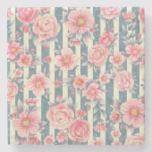 ピンクの水色の花を咲かせるストライプ花 ストーンコースター (正面)