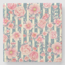 ピンクの水色の花を咲かせるストライプ花 ストーンコースター