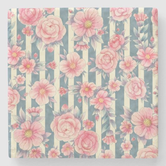 ピンクの水色の花を咲かせるストライプ花 ストーンコースター (正面)
