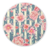 ピンクの水色の花を咲かせるストライプ花 セラミックノブ (正面)