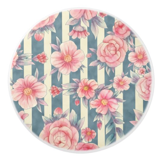 ピンクの水色の花を咲かせるストライプ花 セラミックノブ (正面)