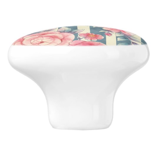 ピンクの水色の花を咲かせるストライプ花 セラミックノブ (側面)