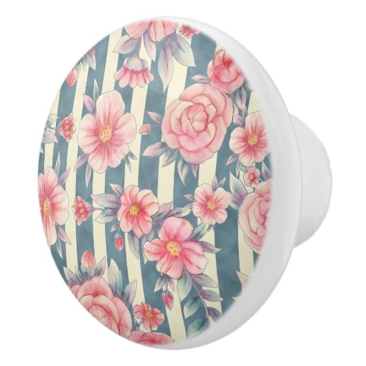 ピンクの水色の花を咲かせるストライプ花 セラミックノブ (右)
