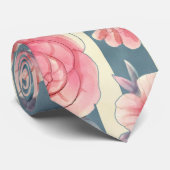 ピンクの水色の花を咲かせるストライプ花 ネクタイ (ロール)