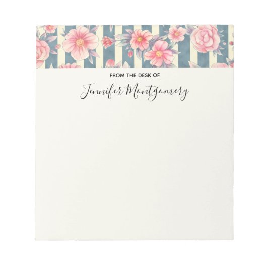 ピンクの水色の花を咲かせるストライプ花 ノートパッド (正面)