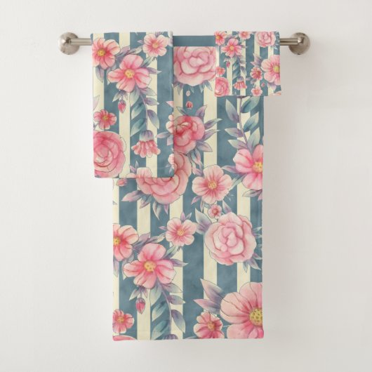ピンクの水色の花を咲かせるストライプ花 バスタオルセット (インサイチュ)