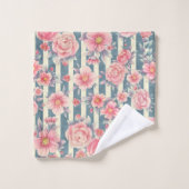 ピンクの水色の花を咲かせるストライプ花 バスタオルセット (ウォッシュタオル)