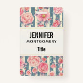 ピンクの水色の花を咲かせるストライプ花 バッジ (正面)