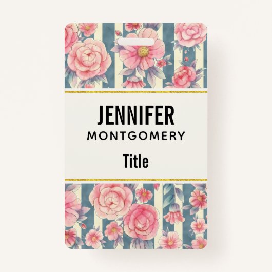 ピンクの水色の花を咲かせるストライプ花 バッジ (正面)