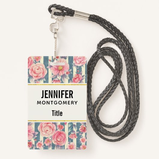 ピンクの水色の花を咲かせるストライプ花 バッジ (裏面ランヤード)