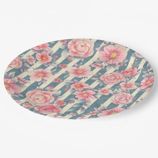 ピンクの水色の花を咲かせるストライプ花 ペーパープレート (アングル)