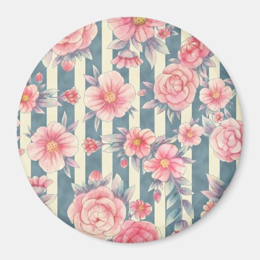 ピンクの水色の花を咲かせるストライプ花 マグネット (正面)