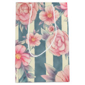 ピンクの水色の花を咲かせるストライプ花 ミディアムペーパーバッグ (正面)