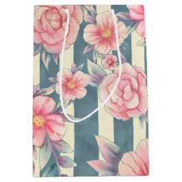 ピンクの水色の花を咲かせるストライプ花 ミディアムペーパーバッグ