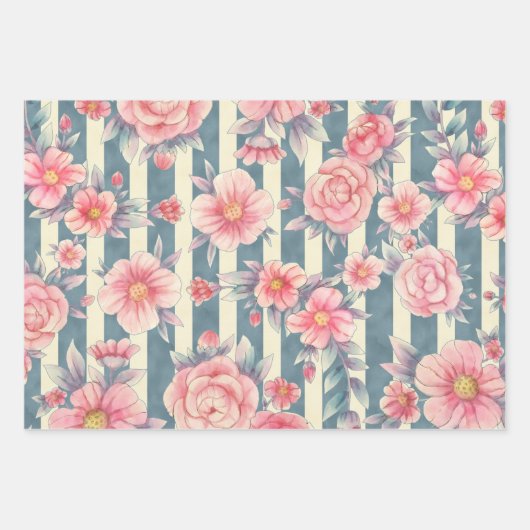 ピンクの水色の花を咲かせるストライプ花 ラッピングペーパーシート (正面3)