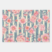 ピンクの水色の花を咲かせるストライプ花 ラッピングペーパーシート (正面2)