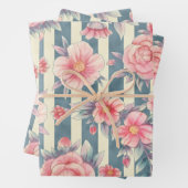 ピンクの水色の花を咲かせるストライプ花 ラッピングペーパーシート (インサイチュ)