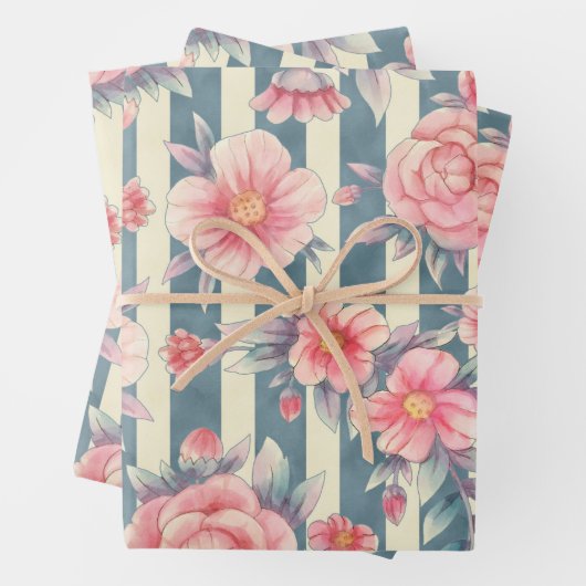 ピンクの水色の花を咲かせるストライプ花 ラッピングペーパーシート (インサイチュ)