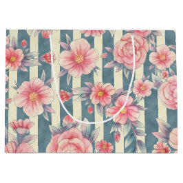ピンクの水色の花を咲かせるストライプ花 ラージペーパーバッグ