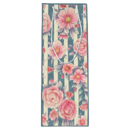 ピンクの水色の花を咲かせるストライプ花 ワインギフトバッグ