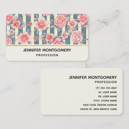 ピンクの水色の花を咲かせるストライプ花 名刺 (正面/裏面)