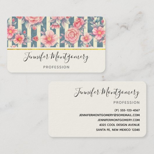 ピンクの水色の花を咲かせるストライプ花 名刺 (正面/裏面)