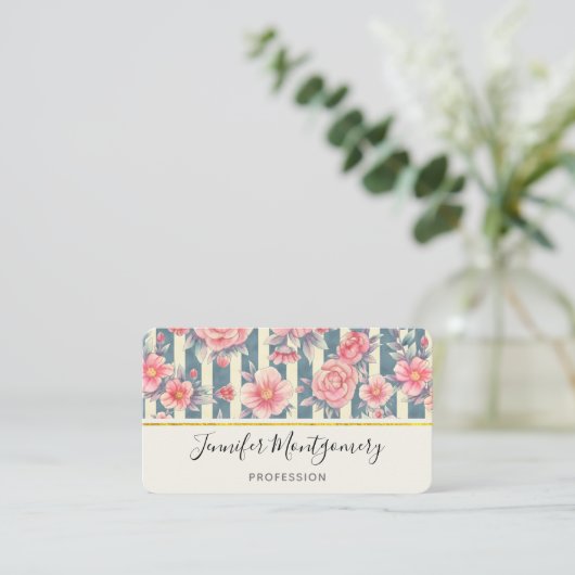 ピンクの水色の花を咲かせるストライプ花 名刺 (スタンド正面)