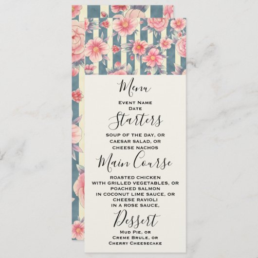 ピンクの水色の花を咲かせるストライプ花 招待状 (正面/裏面)