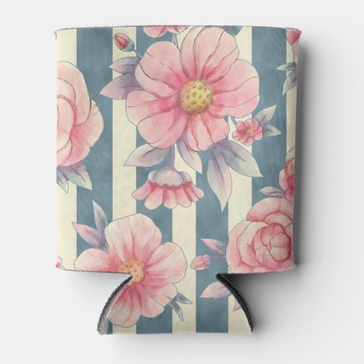 ピンクの水色の花を咲かせるストライプ花 缶クーラー (正面)