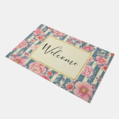 ピンクの水色の花を歓迎ストライプする ドアマット (アングル)