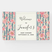 ピンクの水色の花を着ストライプた赤ちゃんシャワー 横断幕 (横)