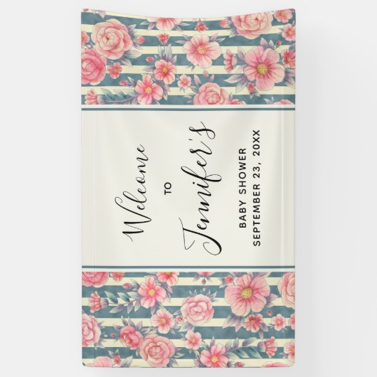 ピンクの水色の花を着ストライプた赤ちゃんシャワー 横断幕 (縦)