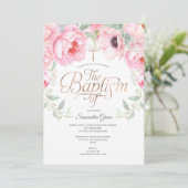 ピンクの水色の花エレガント、女の子バプテスマ 招待状 (スタンド正面)
