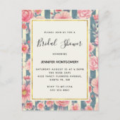 ピンクの水色の花オンストライプブライダルシャワー インビテーションポストカード (正面)