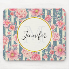 ピンクの水色の花オンストライプマウスパッド マウスパッド