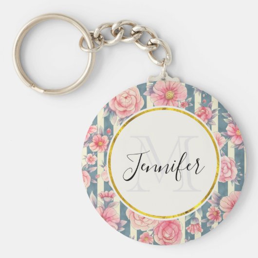 ピンクの水色の花オンストライプモグラム キーホルダー (正面)