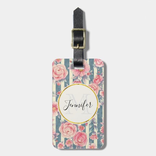 ピンクの水色の花オンストライプモグラム ラゲッジタグ (正面縦)