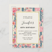 ピンクの水色の花オンストライプ誕生日 インビテーションポストカード (正面/裏面)